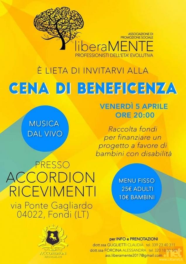 Cena Di Beneficenza Venerdi 5 Aprile All Accordion Il Ricavato Sara Devoluto A Progetti Per Bambini Con Disabilita L Iniziativa Dell Associazione Liberamente Per Creare Possibilita Concrete Di Crescita E Integrazione Dedicati Ai Piu Piccoli